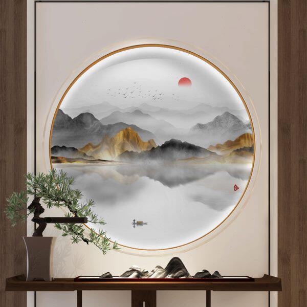 意境山水圆形玄关装饰画新中式客厅餐厅走廊书房壁画背景墙壁纸3d