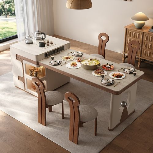 中古风洞石岩板岛k台餐桌一体家用可伸缩语音遥控吧台2025新款岛