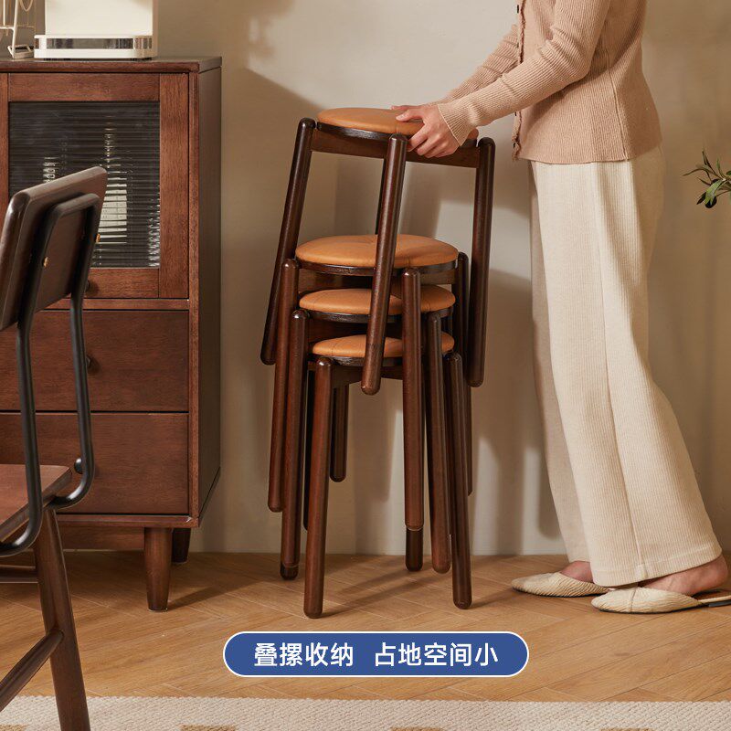 实木凳子家用圆凳可叠放软包凳子舒适久坐木凳子客厅软垫板凳方凳