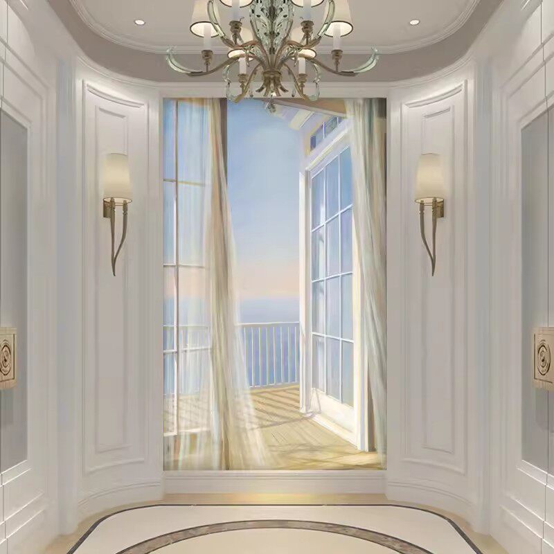 3d立体壁纸玄关走廊过道背景墙个性墙纸竖版海景延伸空间无缝壁画