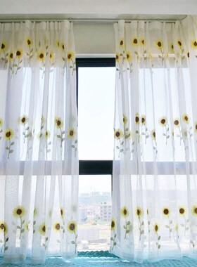 客厅卧室田园风格小清新纱帘落地窗窗纱向日葵窗帘布料绣花白纱帘