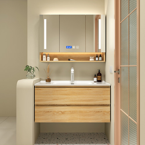 浴室柜 65/75/85/95/105公分洗脸洗手台盆柜陶瓷一体盆原木色定制