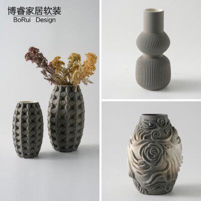 现代简约3D打印陶瓷高级灰浮雕玫瑰花纹几何花瓶家居客厅花器摆件