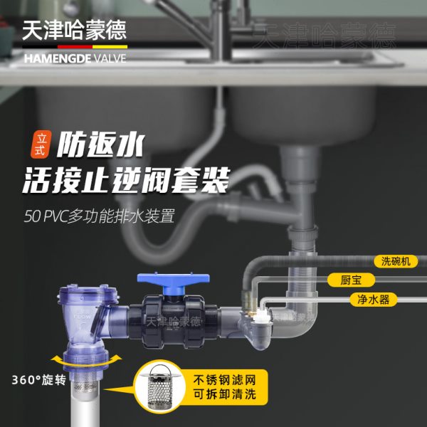 哈蒙德止回阀防反水厨房下水道排水管止逆阀竖式过滤防倒灌回流阀