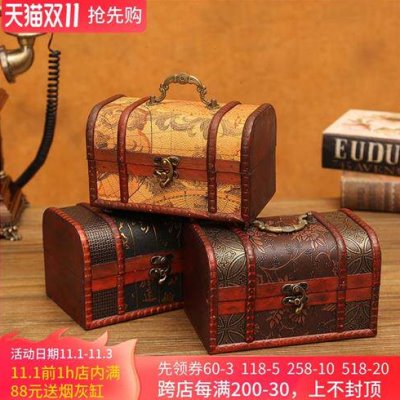 复古儿童百宝箱收纳盒带锁首饰盒桌面小J箱子密码盒子储物盒木盒