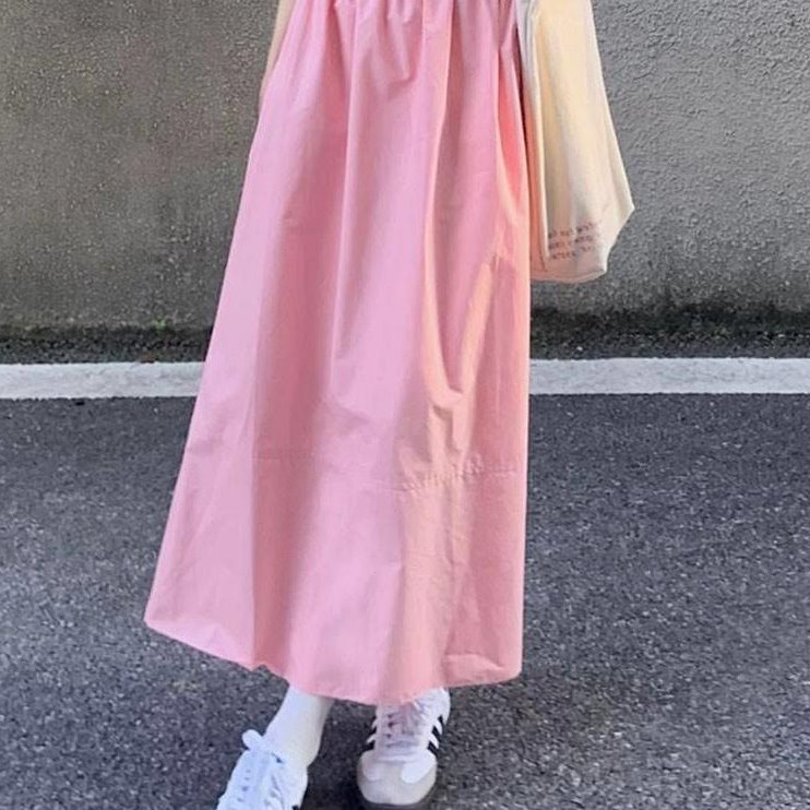 迈缔诺感觉吼吼看啊！棉麻半身群女粉色A字群显高显瘦松紧腰大摆