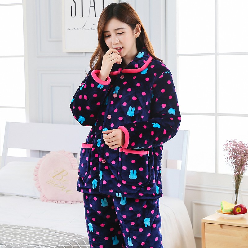 睡衣女冬季三层加厚保暖珊瑚绒夹棉女士中老夹棉妈妈袄家居服套装