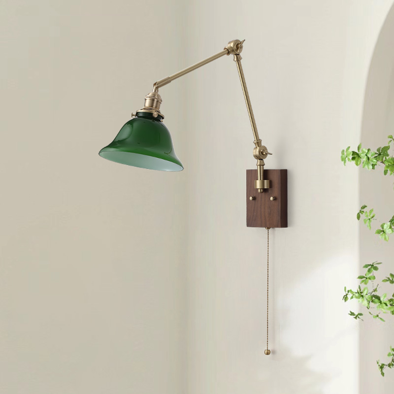 日式胡桃木色壁灯网红ins卧室床头客厅复古法式全铜轻奢摇臂墙灯