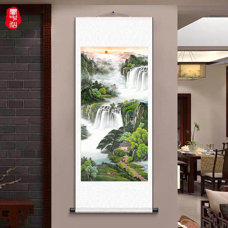 聚宝盆山水中国画客厅入口中国风挂画青山绿水装饰画财运风水卷轴