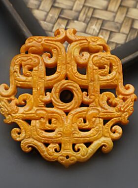 雪花玉镂空双龙玉佩玉坠仿古秦汉时期龙凤吊坠挂件黄色腰佩玉配饰