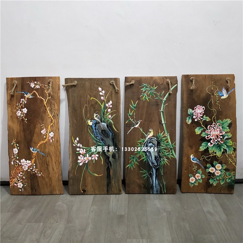 木板画装饰香樟木风化木挂画手绘荷花鱼九鱼图客厅茶室墙面装饰画图片