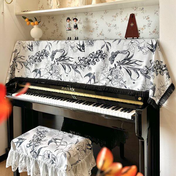 黑白印花燕子钢琴罩简约轻奢立式钢琴罩全罩电子琴防尘保护罩盖布