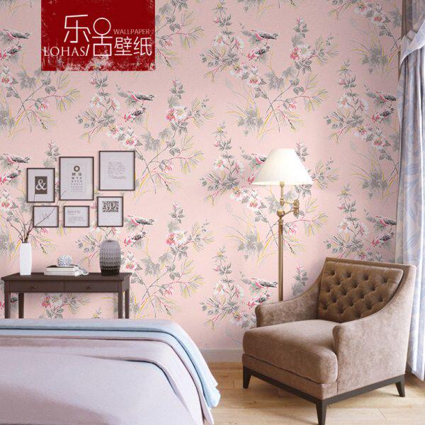 新中式无纺布田园花鸟碎花壁纸中国风卧室客厅背景墙墙纸蓝色粉色