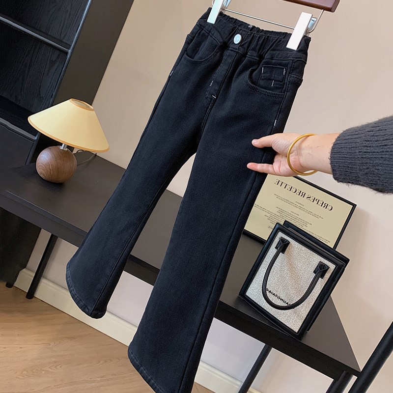 女童修身百搭牛仔裤春秋冬季新款童装大童一体加绒加厚儿童喇叭裤