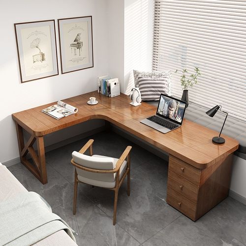 实木转角桌书桌书柜书架一体整墙组合定制L型拐角桌7字型学习桌子