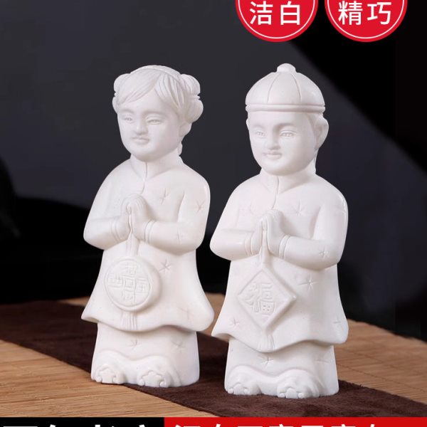 汉白玉童男童女随葬品骨灰盒摆件手工雕刻金童玉女殡葬用品童男女