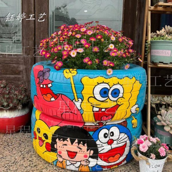 轮胎 创意改造 工艺品 庭院 幼儿园 彩色小轮胎 轮胎制作彩绘花盆
