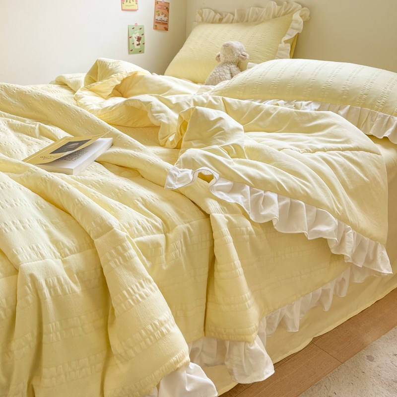 韩式奶油风纯色泡泡纱花边夏凉被四件套空调被可机洗夏Z季薄款被