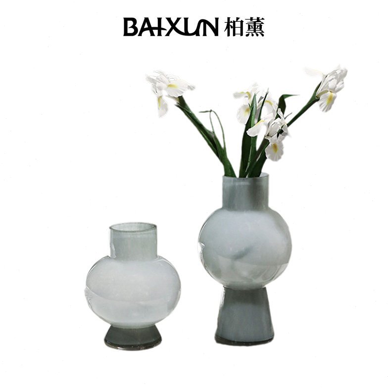 花瓶摆件客厅插花现代简约冷灰色圆肚玻璃高级感轻奢餐桌软装饰品
