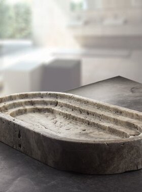 智石工坊天然洞石大理石装饰托盘长圆形果盘样板拍摄道具首饰果盘