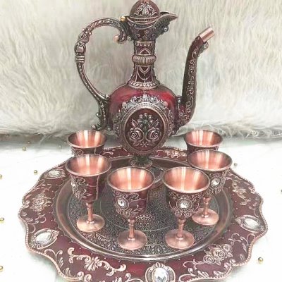 俄罗斯古典锡制酒壶酒具酒杯托盘居家成套银锡酒具托盘大酒壶酒杯