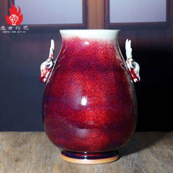 王现锋老师传统中式仿古钧瓷花瓶正玉钧窑煤烧釉陶瓷器摆件鹿头罐