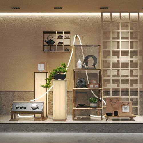 新中式道具展台茶叶店橱窗产品展示柜发光展示台店铺中岛陈列组合