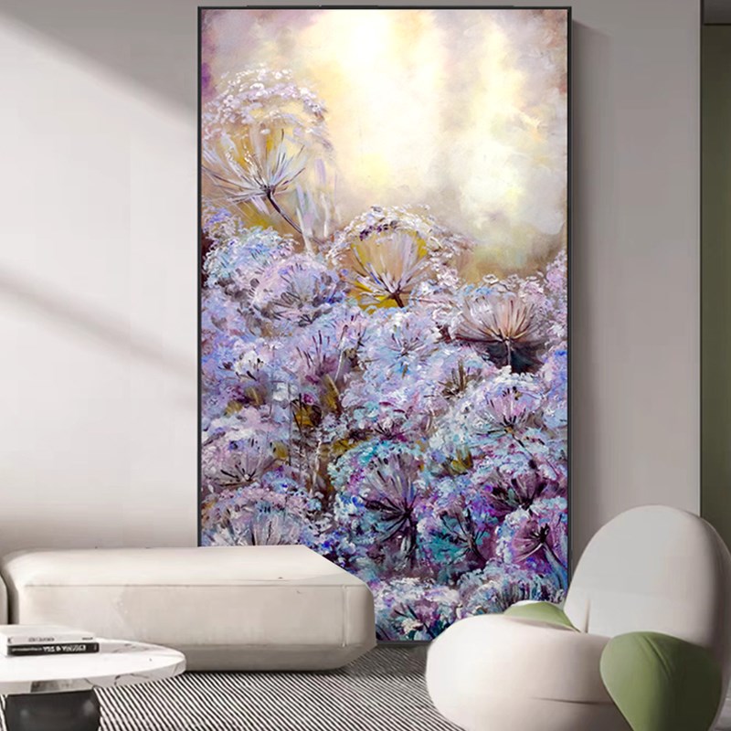手绘油画花卉装饰画奶油风肌理画现代轻奢竖版玄关客厅沙发落地画图片