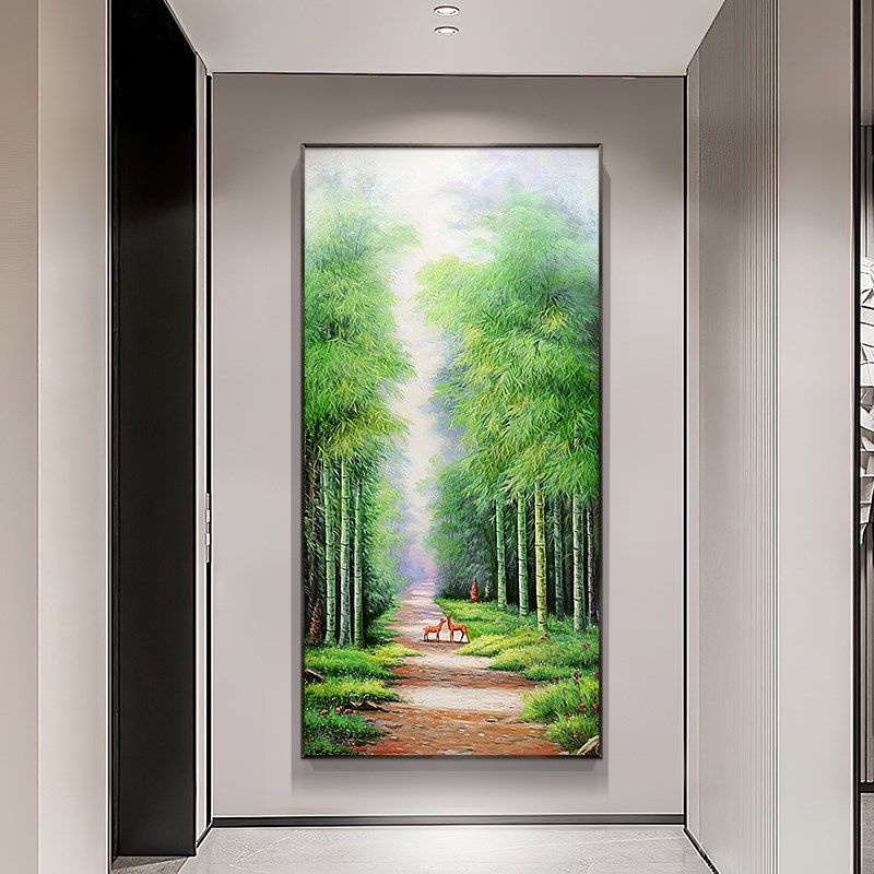 手绘油画竹子现代入户玄关装饰画鹿风景画竖楼梯走廊过道挂画定制图片