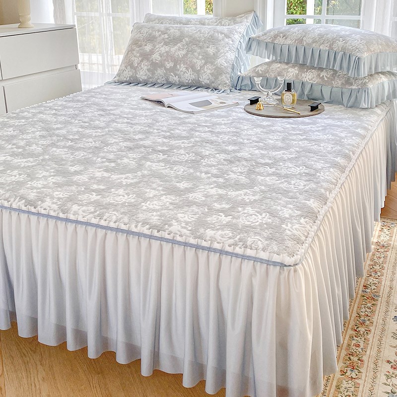 高端玫瑰提花冰丝凉席三件套床裙款夏季可机水洗公主风空调软席子