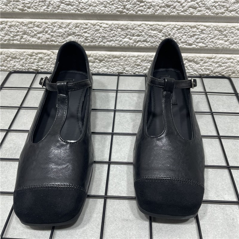 断码处理复古拼接方头单鞋女春秋新款法式晚晚风丁字扣玛丽珍鞋子