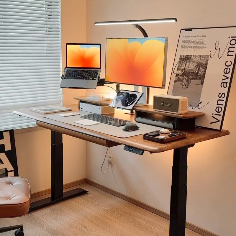 樱桃木实木电动升降桌家用办公电脑桌子站立工作台儿童学习桌定制