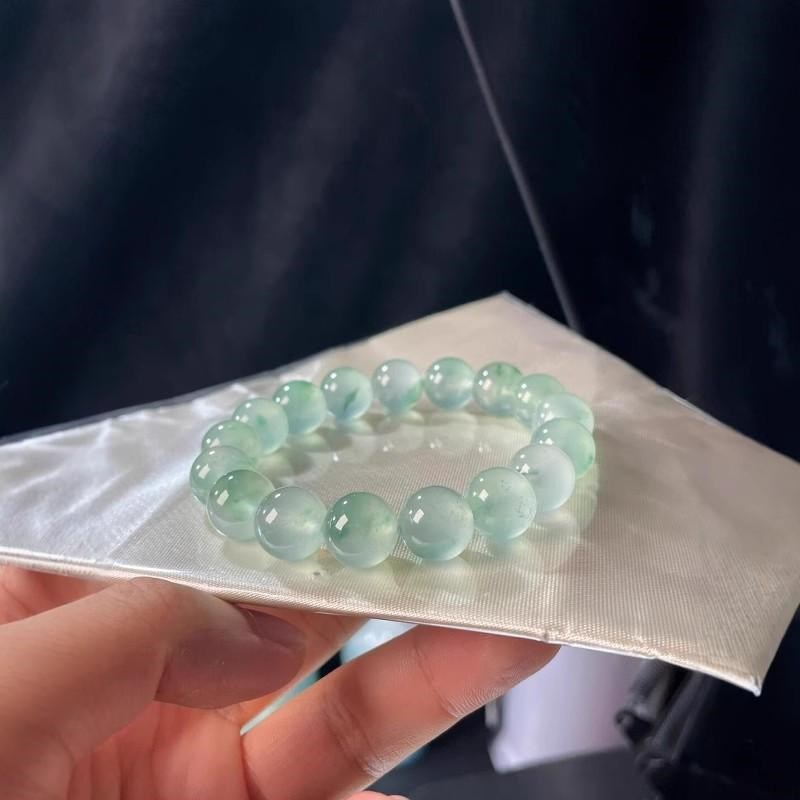 老坑飘花珠子高档冰种飘花水草手链女款圆珠子手串翡翠处理玉石