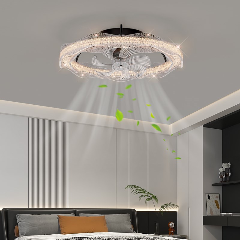 意式极简海浪流光卧室风扇灯铂金树脂2025年新款房间摇头吊扇灯