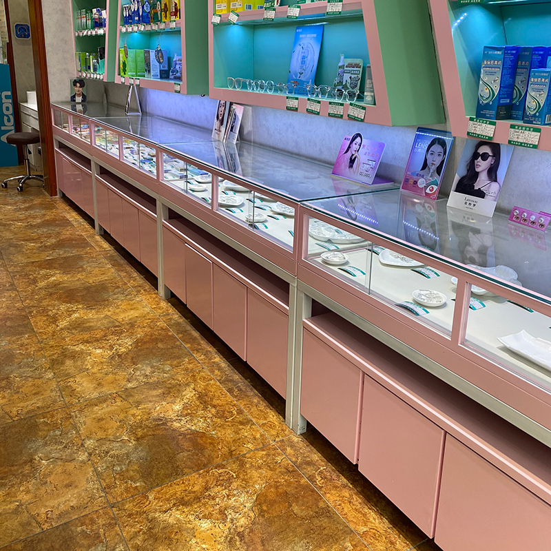 眼镜柜台展示柜眼镜店柜台时尚烤漆木纹实木高低组合陈列柜货架