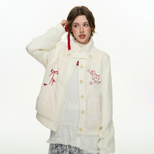 CyNi 甜美针织拼接兔毛外套上衣夹棉开 衫加绒加厚2024冬软糯温柔