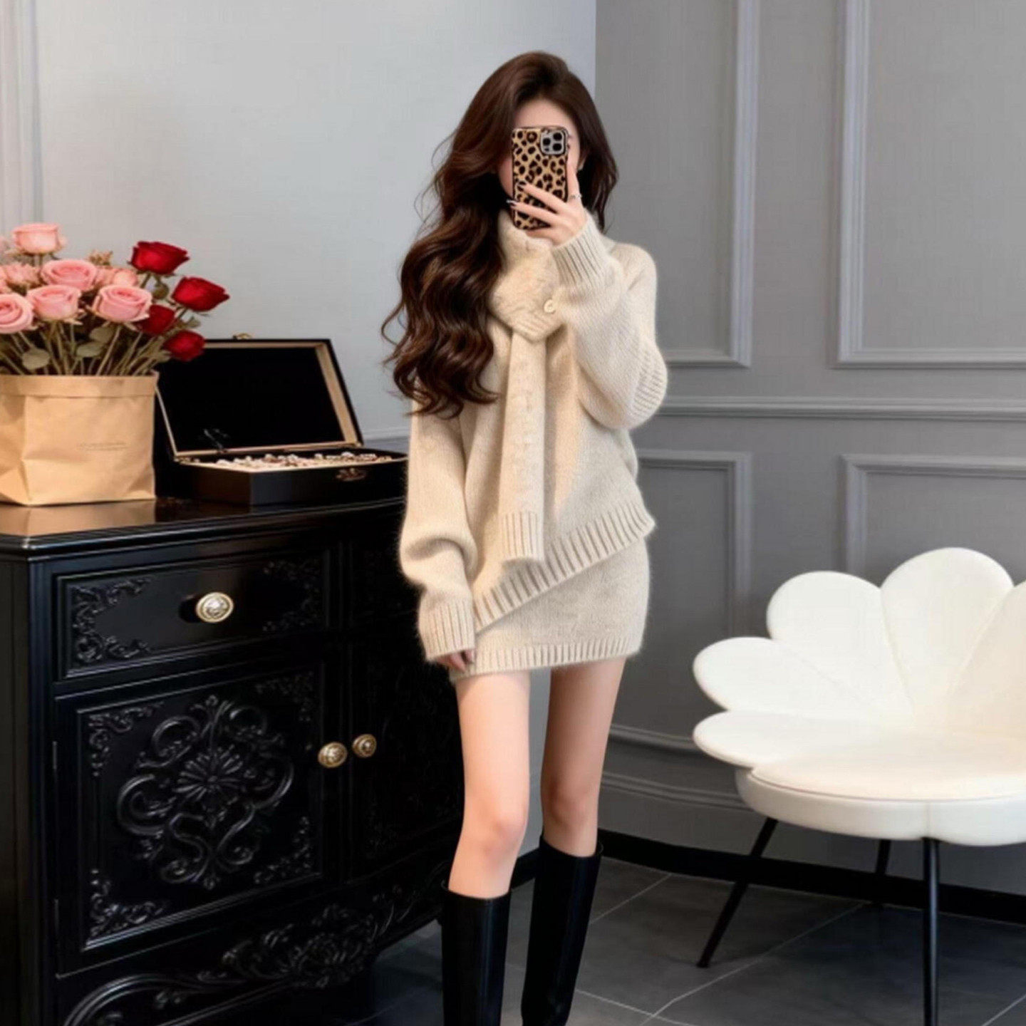 巨好看毛衣针织洋装子女秋冬2026新款包臀短裙韩系穿搭一整套装