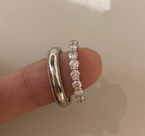 S925纯银简约百搭浪漫情侣求婚对戒叠戴满圈排钻戒指男女镶钻指环
