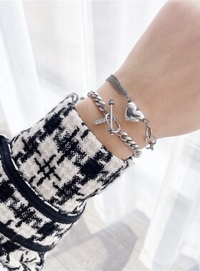 编织宽版坦克链S925纯银韩国东大门复古爱心冷淡风简约气质手链女