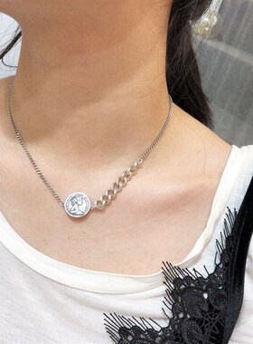 伊丽莎白美人头双面硬币S925纯银复古项链东大门女王头像坦克链