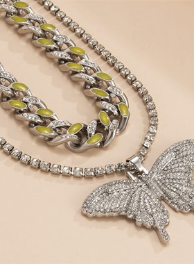 欧美跨境饰品 朋克风镶钻古巴链项链 复古滴油夜光金属链条项饰女