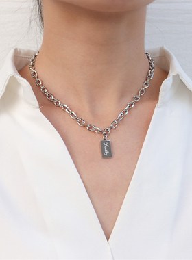 日韩幸运方牌港风项链女粗链条秋冬毛衣链不锈钢钛钢饰品P850