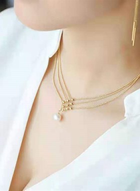 日韩系首饰新品18K真金三排链条 DIY项链多层珍珠饰品链条