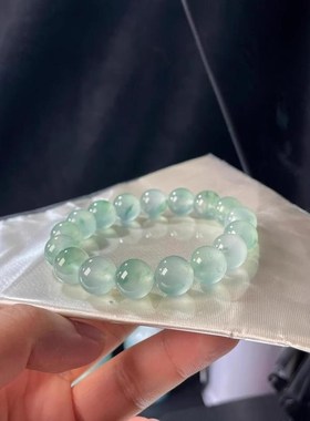 老坑飘花珠子高档冰种飘花水草手链女款圆珠子手串翡翠处理玉石