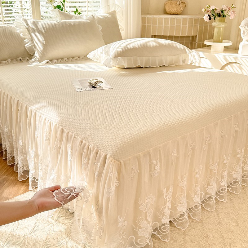 公主风花边床裙款冰豆豆凉席夏季床单带裙K边空调软席夏凉被四件