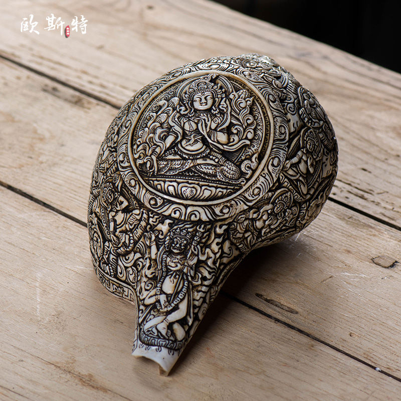 尼泊尔白海螺 佛家左旋生物右旋手工雕花21度母 佛具用.品供具摆