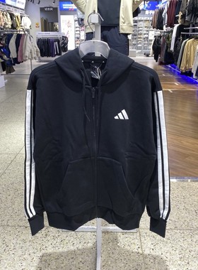 正品ADIDAS阿迪达斯三条纹连帽男加绒保暖休闲针织夹克外套JD1870