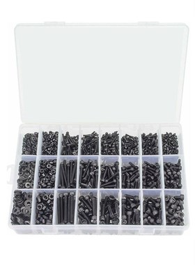 1200pcs套装盒装M2M3M4 黑色杯头螺栓螺母平垫 圆柱头内六角螺丝