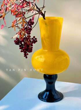 橙色高脚花瓶中古风摆件琉璃水养鲜花插花客厅装饰高级感玻璃花器