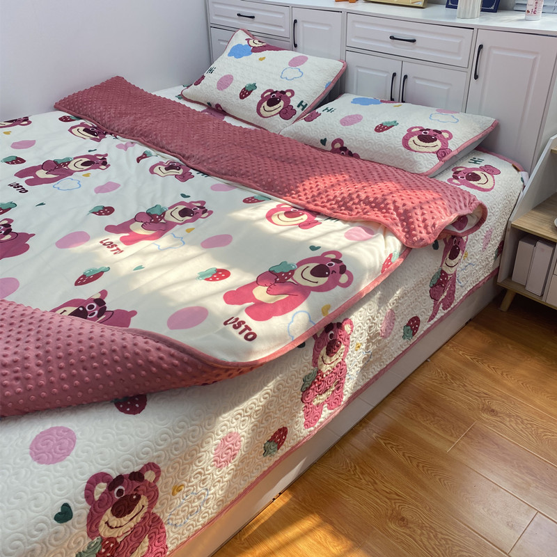 冬季加厚牛奶绒四件套榻榻米保暖农村大炕盖三件套防滑不跑床